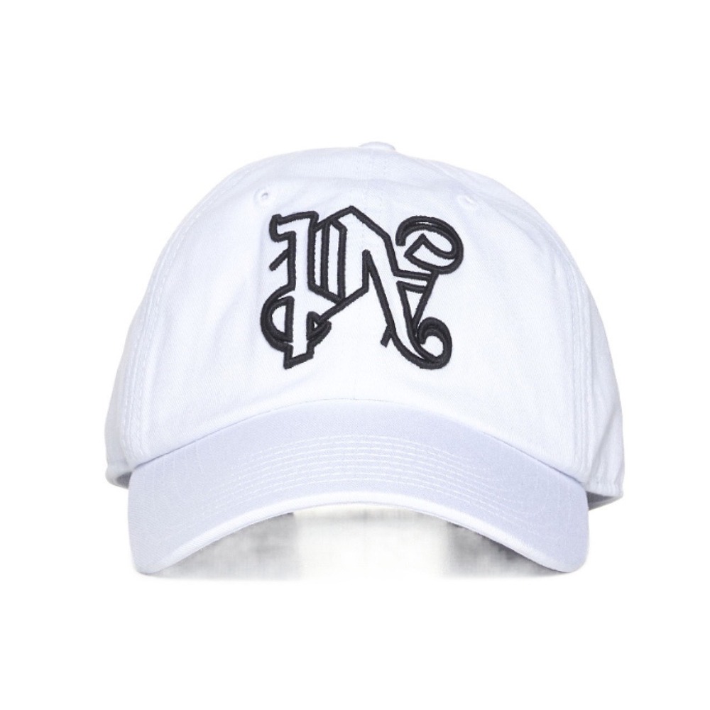 Palm Angels Monogram Cap White Black Embroidered Logo Hat PMLB094R24FAB0120110